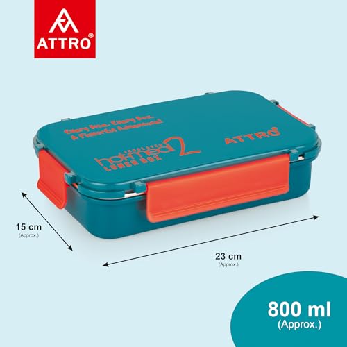 Image of ATTRO Hot-Meal 2 Insulated Lunch Box with 2 Compartment, Inner Stainless Steel & Locking Lid BPA-Free Food Grade Ideal for School, Office - 800ml Dark Blue