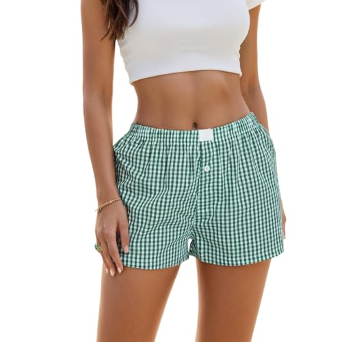Image of Sumleno Womens Y2k Aesthetic Boxer Shorts Plaid Elastic Waist Lounge Pj Bottoms Summer Casual Gingham Pajamas Shorts