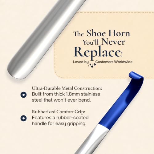Image of HOUNDSBAY 16.5 inch Long Handled Metal Shoe Horn with Comfort Grip - New 2019 Model with 1.8mm Thick Steel - Will Not Bend
