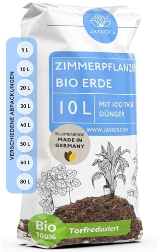 JASKER Bio-Blumenerde Für Zimmerpflanzen | 10 L, Torfreduziert Mit Startdünger | Universalerde Für Grünpflanzen & Palmen