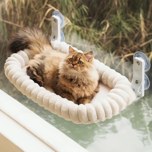 MEWOOFUN Hamaca Ventana Gato Suave con extraíble y Reversible Cama para Gatos - Hamaca Gato Ventana con Marco de Acero Engrosado Resistente hasta 18kg, blan M