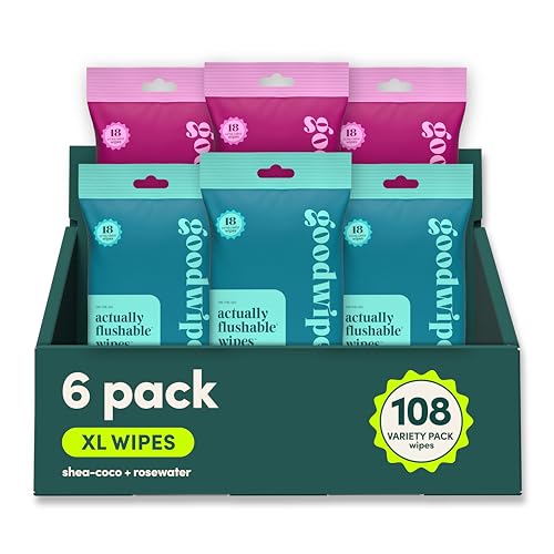 Image of goodwipes Flushable Wipes Travel Size - Extra Large Adult Wet Wipe - On-the-Go Portable Wipes - Sewer & Septic Safe - Hygiene Essentials - Shea Coco & Rosewater, 108 Count (6 Packs)