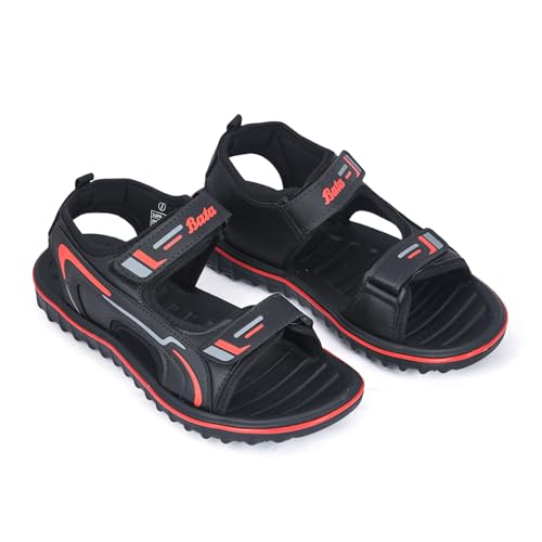 Image of Bata Men's Sports Sandals, Dual Velcro Strap, Textured Sole (BLACK /RED, UK Footwear Size System, Adult, Men, Numeric, Medium, 9)