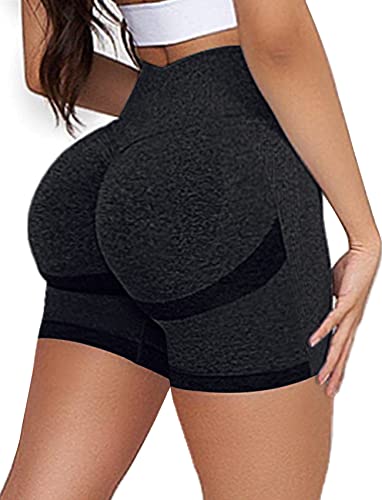 SEASUM Pantalones cortos de yoga sin costuras para mujer, entrenamiento de cintura alta, contorno de glúteos, control de abdomen, #B Booty Short Negro, XL Cover
