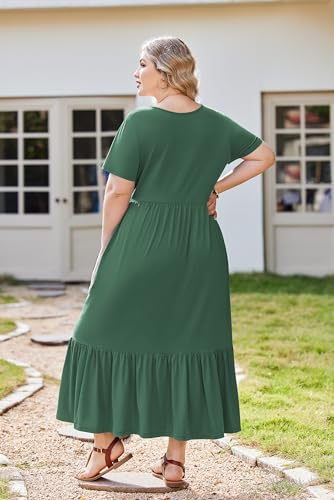 Image of IN'VOLAND Women Plus Size Short Sleeve Dress Loose Plain Casual Summer Flowy Tiered Long Maxi Dresses with Pockets