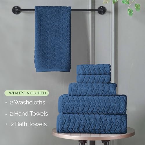 Image of Elegant Comfort Luxury 6-Piece 100% Turkish Cotton Jacquard Braided Textured Premium Hotel Quality Towel Set- Soft and Absorbent, Includes 2 Bath Towels, 2 Hand Towels and 2 Washcloths, Navy