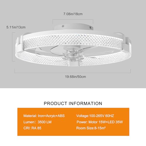 Image of Garwarm 20 inch Ceiling Fans with Lights and Remote,Ultra Low Profile Fandelier | Modern Dimmable LED Flush Mount Ceiling Fan, 6-Speed Reversible DC Motor, 3000K-6000K for Small Bedroom, Kitchen and Office