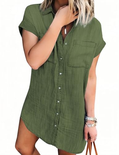 Zilcremo Vestido vaquero para mujer, de verano, manga corta, con botones, corto, vaquero, vestido de blusa, vestido de verano, verde, M