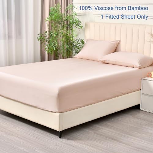 PHF 100% Rayon Derived from Bamboo Fitted Sheet King Size, 16" Deep Pocket,2.5cm Wider Strong Elastic Easy Fit, Breathable Silky Soft Skin-Friendly for Hot Sleeper,78"x 80",Peach Blush,No Pillowcases