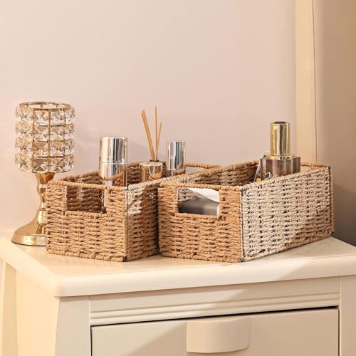Miniatura 6 de Aluusy 2 Cestas De Almacenaje, Cesta Mimbre Tejidas A Mano Rectangular 30x15x12cm, Cesta Plegable De Papel Jacinto De Agua, Cesto Decorativo Para Baño Estanterías Kallax Cocina Y Cosa Pequeñas