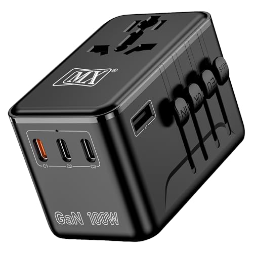 Image of MX GaN 100W Universal Travel Adapter with 3 USB-C Ports & 1 USB-A Port, 5-in-1 International Power Adapter for Worldwide Travel with Auto-Resetting Fuse, Type D /A /C /G /I Output, 200+Countries