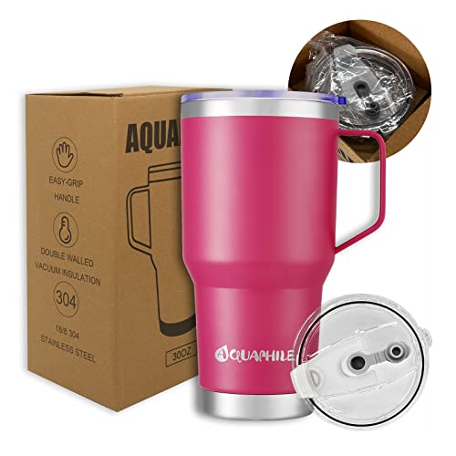 Aquaphile 30Oz Stainless Steel Insulated Coffee Mug With Handle, Double Walled Vacuum Travel Cup With Lid & Straw, Reusable Thermal Coffee Cup, Portable Coffee Tumbler, For Hot&Cold Drinks(Rubine Red) #TOP4