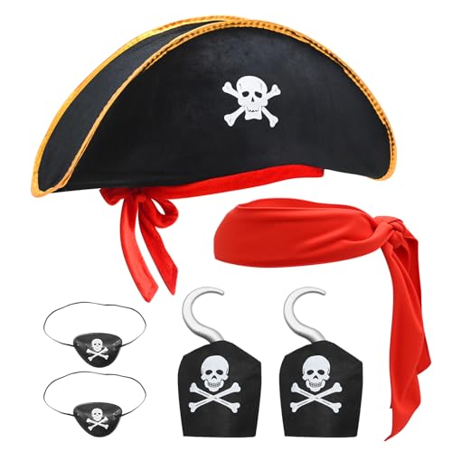 LIDSCURA 6 Pcs Pirate Costume Accessory Set, Black Captain Hat with Skull Emblem, Red Headband, Eyepatch & Hook Props for Halloween Theme Party
