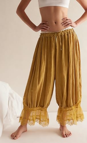 Image of NUFIWI Women Ruffle Long Bloomer Y2k Lace Trim Pettipants Pantaloons Mid Rise Cropped Pajama Pants Under Dress Slips