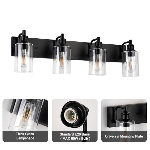 Image of 4-Light Bathroom Light Fixtures Modern Black Vanity Lights for Bathroom Lighting Fixtures Over Mirror for Cabinet Mirror Bedroom Hallway