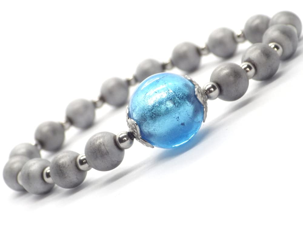 Conjunto de joyería pendientes, collar y pulsera en acero inoxidable, hematites y cuentas de cristal de Murano azul turquesa