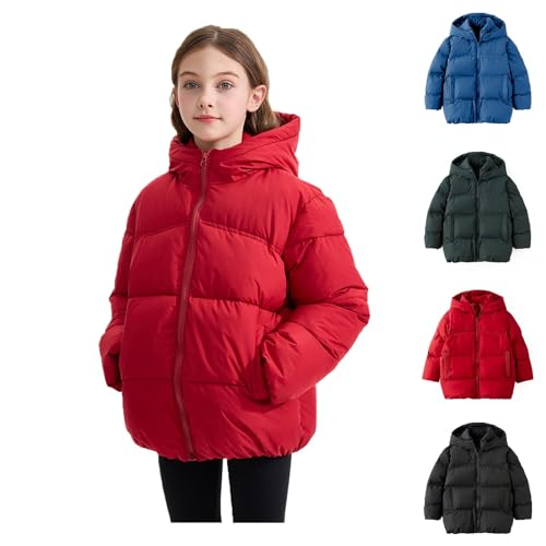 Piumino imbottito per bambini Ragazzi Ragazze Inverno Scuola Giacche Trapuntate Zip Up Cappuccio Parka Cappotti Antivento Impermeabile Leggero Caldo Termico Outwear, Rosso, 3-4 Years