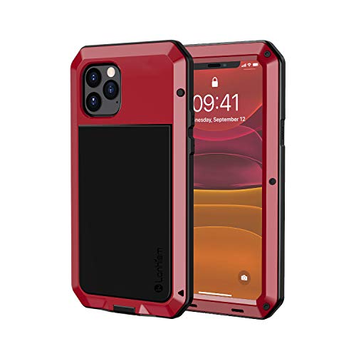 Lanhiem iPhone 11 Pro Case, Heavy Duty Shockproof Tough Armour Metal Case with [Tempered Glass Screen Film], 360 Full Body Protective Case Cover for iPhone 11 Pro -Red