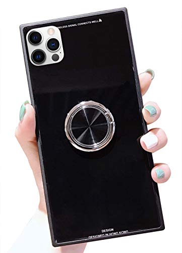 Muntonski Compatible with iPhone 12 Pro Max case, Square Trunk Luxury with Ring Stand Kickstand Laser Bling Glitter Cases 6.7 inch (Black)