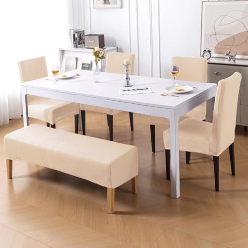 Image of HOKIPO 'SereneSolids' 140 GSM Polyester Blend Cover Set for 4 Dining Chairs + 1 Dining Bench, Beige (AR-6282-BGE)