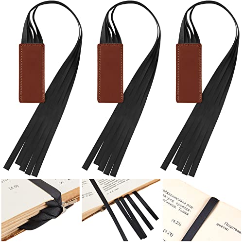 Outus 3 Pieces Bible Ribbon Bookmark Markers Artificial Leather Bookmark with Ribbons for Books Office(Simple Black)