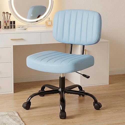 DUMOS Armless Home Office Executive Chair: Small Desk Chair with Low Back Lumbar Support Height Adjustable PU Leather Computer Task with 360 Swivel Wheels for Adults Blue