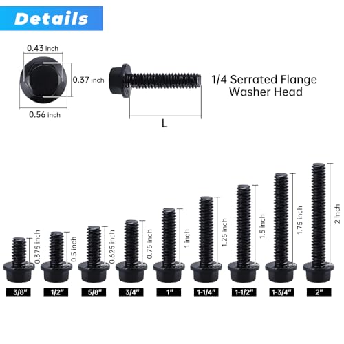 Image of Glvaner 1 /4-20 x 5 /8 inch (25 pcs) Stainless Steel Serrated Flanged Hex Head Bolts Bolts, 18-8 (304) Stainless Steel, Full Thread, Black Coated