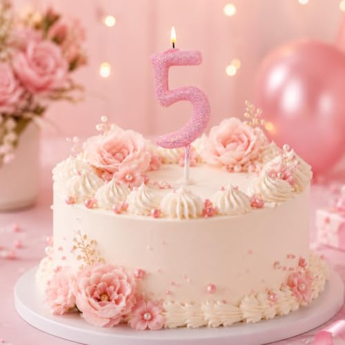 Image of Wanna Party Glitter Designer Pink Number 5 Birthday Candle, Numerical Cake Candle for 5th Birthday, Cake Cutting, Party Decoration & Celebration Supplies - 1PC