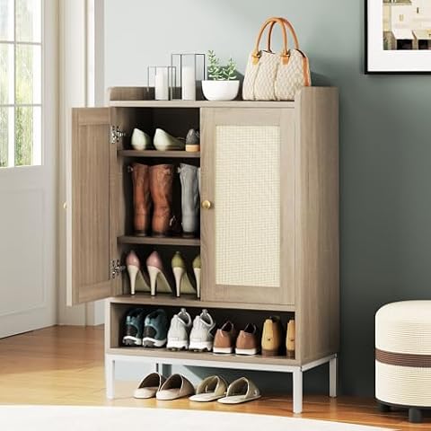 JASIWAY Rattan Shoe Cabinet Storage for Entryway, Shoe Cabinet with Adjustable Shelves for Entryway, 5-Tier, 20 Pair Shoe Rack Storage for Hallway, Closet, Living Room, Natural Cover