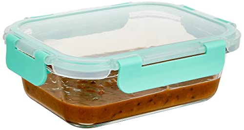 Image of Amazon Brand - Solimo Glass Storage Containers with Break-Free, Detachable Locks, Airtight, Leakproof, Microwave-Safe, Oven-Safe, Freezer-Safe, Set of 2, Rectangle (370 + 600 ml) | Transparent
