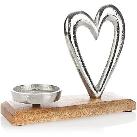 COM-FOUR® Portavelas con Figura Decorativa de Aluminio niquelado y Base de Madera de Mango para Velas Cover