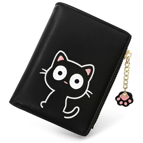 Image of Small Womens Wallet, Cute Bifold RFID Blocking Vegan Wallet for Teen Girls Ladies with Zipper Coin Pocket (Black Cat)