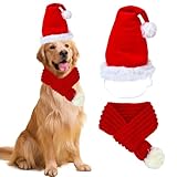 Dog Christmas Santa Hat with Adjustable Scarf,Dog Christmas Outfit Doggy Xmas Cap Red Knit Scarf with White Pompom Ball,Pet Warm Headgear and Neck Accessories for Large X-Large Dogs Pets (Large)