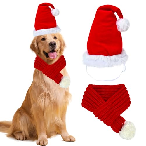 Dog Christmas Santa Hat with Adjustable Scarf Dog Christmas Outfit Doggy Xmas Cap Red Knit Scarf with White Pompom Ball Pet Warm Headgear and Neck Accessories for Large X-Large Dogs Pets (Large)