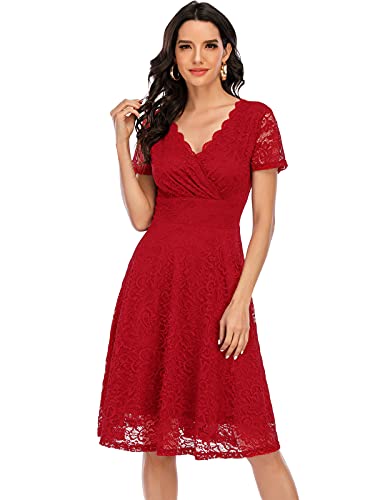 Red Lace Dress for Wedding Guest Cocktail Dress with Sleeves V Neck Prom Dress Lace Dress for Women Wedding Dresses for Bride 2022 Bridesmaid Dress Beach Dress Party Dress Red L