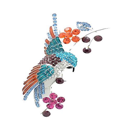 Colorful Crystal Hummingbird Spread Wings Standing on Branch Brooch Pins for Bird Lover