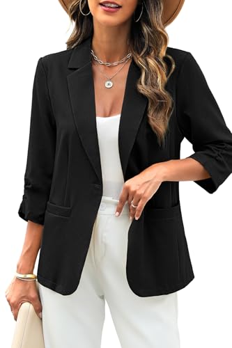 ELLEVEN Women's Linen Blazer 3/4 Ruched Sleeves, Lightweight Slim Fit Jackets with Pockets Half Lining