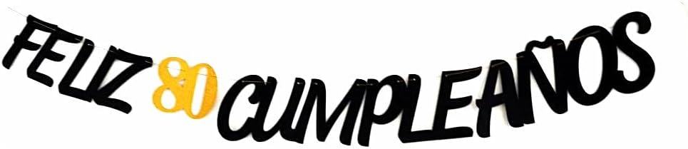 Black Glitter Feliz 80 Cumpleaños Banner, Spanish Happy 80 Birthday Banner, Fiesta Mexican Themed Birthday Party Decorations Pre-Assembled (Black)