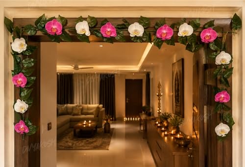 Image of Divyakosh Mango Leaf Vine /Creeper with Orchid Flowers for Door Entrance Decor 80 Inch | 14 Orchid Flowers Hanging Thoran /Bandarwal /Garland for Diwali Ganpati Mandir Festive Decoration