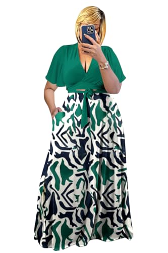 Image of Plus Size Women's 2 Piece Outfits Casual Short Ruffle Sleeve Wrap Crop Top Maxi Long Dress Flowy Matching Sets