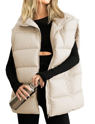 Huaqiao Women's Quilted Puffer Vest Lightweight Sleeveless Padded Gilet Jacket Stand Collar Warm Outerwear(Apricot-XXL)