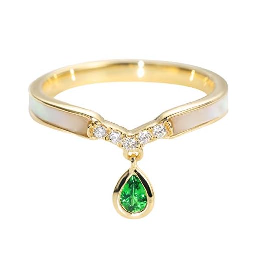 AMDXD Anillo Oro 18K, Anillo de Compromiso Mujer Pera Tsavorita 0.15ct con 0.05ct Blanco Diamante, Oro Amarillo, Tamaño 18,5 (Perímetro: 58mm)