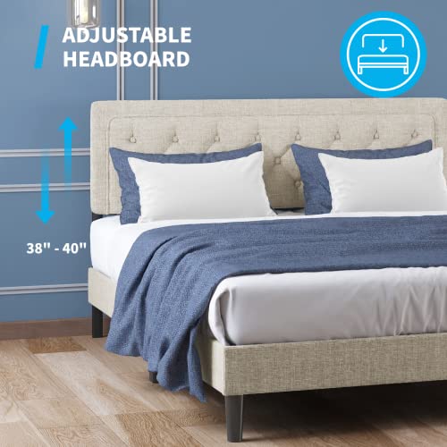 Mjkone Queen Size Flat Bed Frame, Linen Fabric Upholstered Headboard With Button Tufted For Bedroom, Apartment, Modern Design, No Box Spring Needed - Beige #TOP2