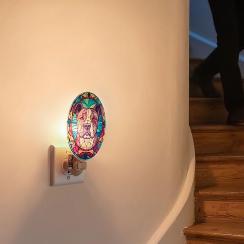 Image of Dog Night Light Pitbull, Stained Glass Styled Plug-in Wall Nightlight, Bulb Included, Pet Memorial Dog Lover Gift, Bedroom Hallway Bathroom Decor, Manual On /Off Switch