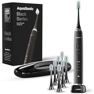 Aquasonic Black Series Ultra Whitening Toothbrush – ADA Accepted Power Toothbrush – 8 Brush Heads & Travel Case – 40,000 VPM Electric Motor & Wireless Charging – 4 Modes w Smart Timer