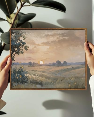 Image of KISSFOX Framed Wall Art Vintage Wall Art Sunset Scenery Canvas Art Landscape Pictures Countryside Paintings Neutral Artwork Farmhouse Prints For Bedroom Kitchen Living Room
