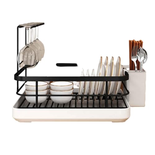 URVIKBVG Dish Rack Dish Drying Rack Over Sink Drainer Draining Rack with Drip Tray ABS with Cutlery Holder Removable Basket Scratch Resistant Slip Resistant Space Saving (Black 34x26x35cm)