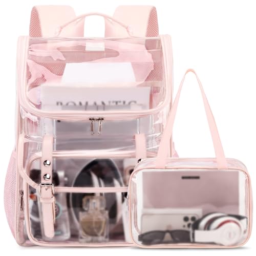 DIGOBAY Clear Backpack with Lunch Bag Set, Leather Clear Backpack Heavy Duty Thick PVC Bookbag See Through Transparent Backpacks with Support Pad for Women Girls School College Travel Work Pink