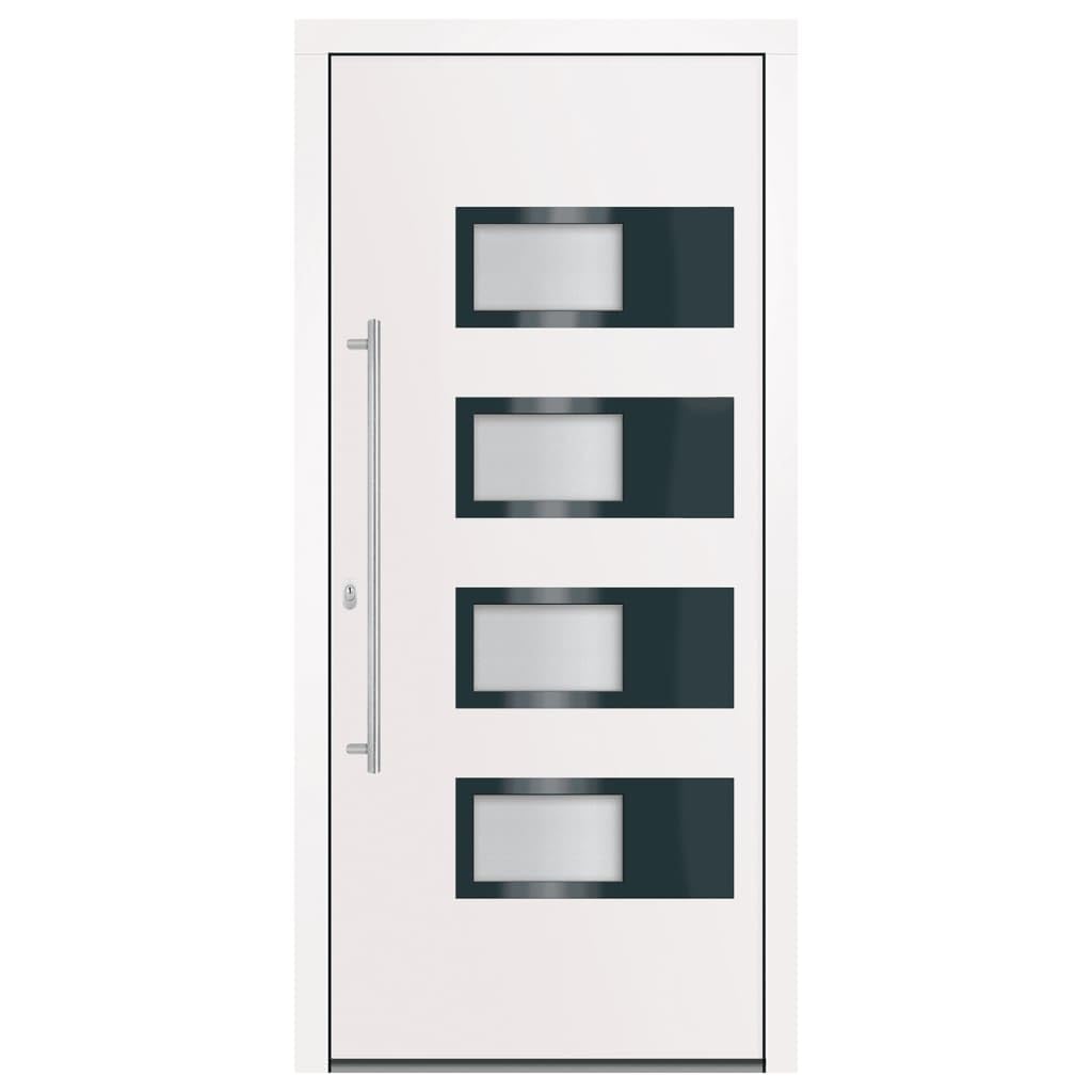 Drzwi wejściowe, białe, 100 x 210 cm, z aluminium, PCW, z przeszkleniem izolacyjnym, 5-drożnym i regulowanymi zawiasami do wejścia bocznego
