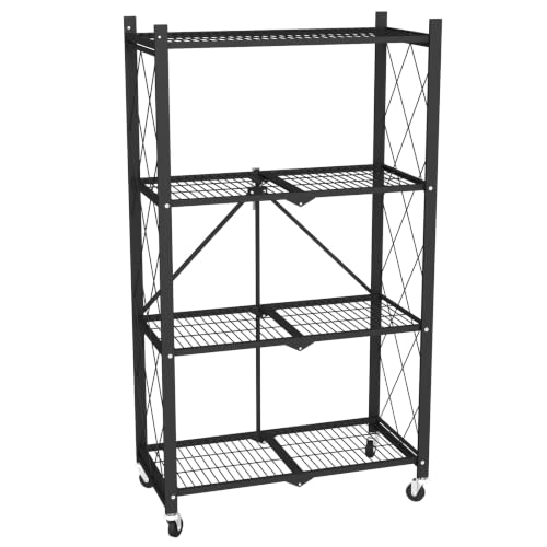 Image of black leopard 4-Tier Foldable Metal Storage Shelf with Wheels, Black